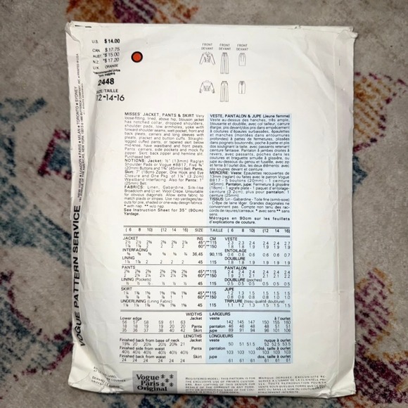 Set of 2 80s Vogue Christian Dior 2108 2448 Pattern Jacket Pants Skirt sz12-16 - Picture 6 of 8